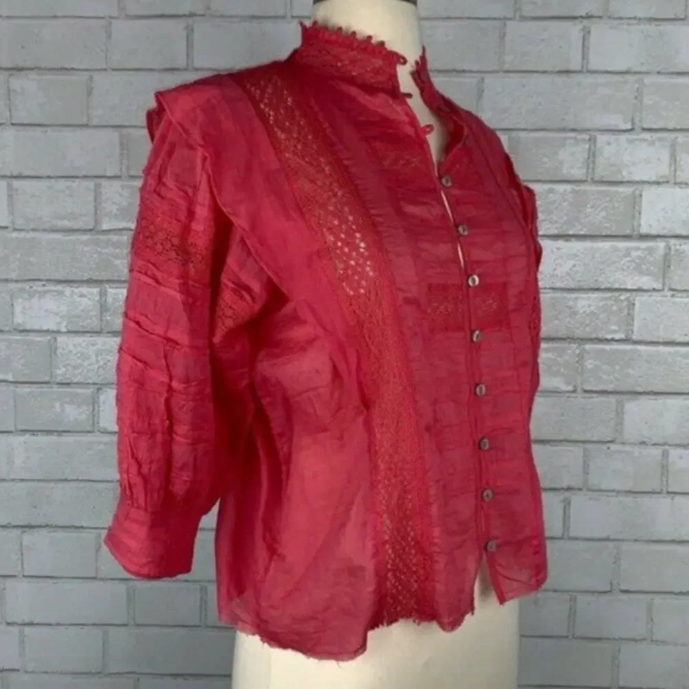FP FREE PEOPLE Lace Crochet Puff Poof Sleeve Button Front Victorian Blouse XS